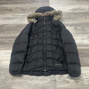 Eddie Bauer Black Womens‎ XS Full Zip Quilted Faux Fur Hooded Down Puffer Jacket